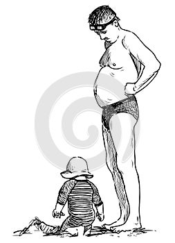 Sketch of father with his baby sunbathing on beach