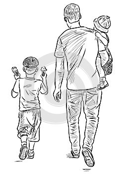 Sketch of a father with his kids going for a walk on summer day