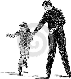 Sketch of father with his little daughter skating on roller scates