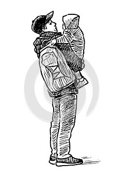 Sketch of a father holding his kid on hands