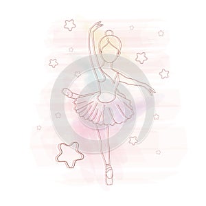 Sketch of a female ballet dancer on a watercolor background with stars Vector