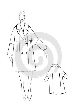 Sketch of a female coat set. Fashion design