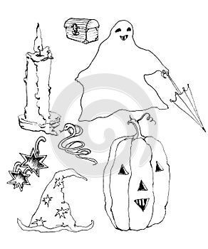 Sketch of festive elements for Halloween. A chest, a burning candle, a pumpkin, a magic cap, glasses in the form of stars, a snake