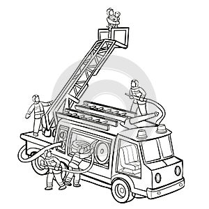 Sketch, firefighters on a fire truck rescuing a child, coloring book, cartoon illustration, isolated object on a white background