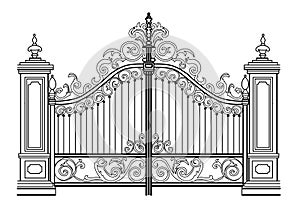 Sketch of forged metal gates. Artistic forging double-leaf garden doors made of iron