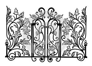 Sketch of forged metal gates. Artistic forging double-leaf garden doors made of iron