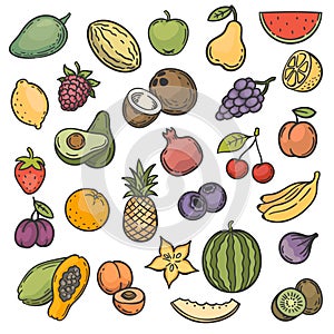 Sketch fruits. Hand drawn color fruits apple, orange and lemon, banana and kiwi, cherry and berries vegan natural food