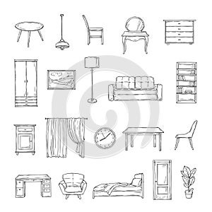 Sketch furniture. Bookcase and chairs, sofa and table, wardrobe and lamp home plants. Interior vintage hand drawn