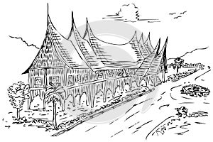Sketch of gadang house, west sumatera traditional building, indonesia