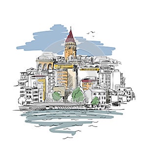 Sketch of Galata tower in Istanbul and seagulls flying in sky, Famous turkish landmark, Vector hand drawn