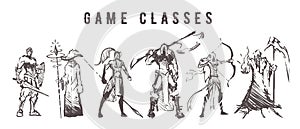 Sketch of game classes of multiplayer games. Mage, Warrior, Archer, Healer, Lancer and Berserk hand drawn isolated
