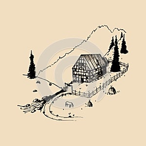 Sketch of german countryside homestead, peasants house in mountains. Vector hand drawn farm landscape illustration.