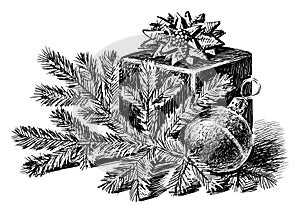 Sketch of gift box with bow, christmas tree branch,decoration ball, vector hand drawing isolated on white