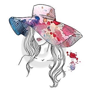 Sketch of a girl in a hat. Fashion illustration. Hand drawn