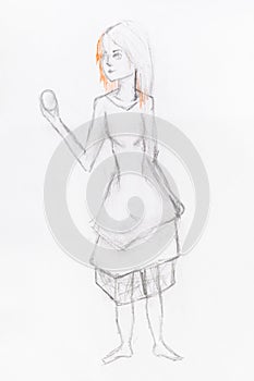 Sketch of girl looking in egg on outstretched arm