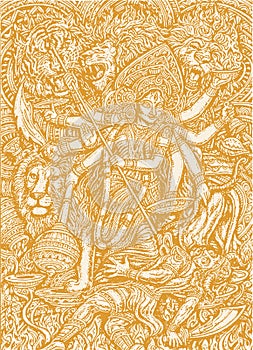 Sketch of Goddess Durga Maa or Kali Mata Editable Vector Outline Illustration