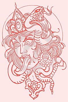 Sketch of Goddess Durga Maa or Kali Mata Editable Vector Outline Illustration photo