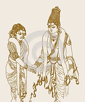 Sketch of Goddess Lakshmi and Lord Venkateshwara marriage outline editable illustration