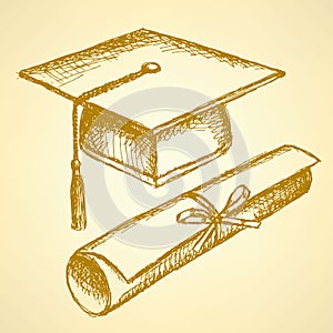 Sketch graduation hat and diploma
