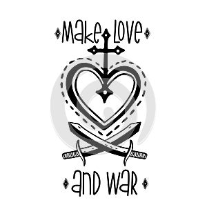 Sketch graphic illustration love and war with mystic and occult hand drawn symbols. Vector holiday illustration for Day of the dea