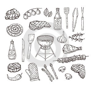 Sketch grill food. BBQ tools, sauces and meat. Hand drawn engraving barbecue elements vector illustration set