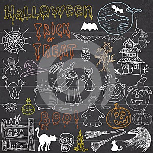 Sketch of halloween design elements with punpkin, witch, black cat, ghost, skull, bats, spiders with web. Doodles set with