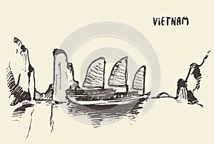 Sketch Halong Bay Vietnam Vector illustration.