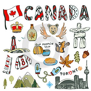 Sketch hand drawn collection of Canada symbols. Canadian culture had sketched set. Vector travel illustration with doodle