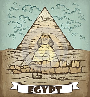 Sketch hand drawn colorful poster of Egypt. Drawing Great Sphinx of Giza, Cairo landscape, Pyramid of Khufu, Cheops, desert