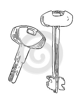 Sketch hand drawn different keys on white background. Simple illustration of door or padlock keys