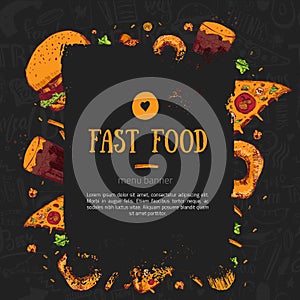 Sketch Hand-drawn Fast food menu. Food items for menu design,advertising or packaging .Modern banner on chalkboard