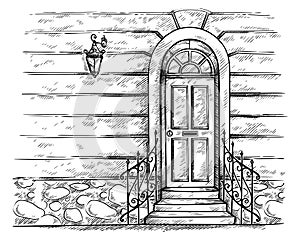 Sketch hand drawn old wooden door with porch and railing vector