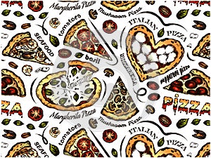 Sketch hand drawn pattern of italian pizza isolated on transparent background.