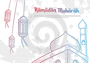 Sketch hand drawn of ramadan mubarak kareem islamic greeting background with lantern lamp and mosque illustration