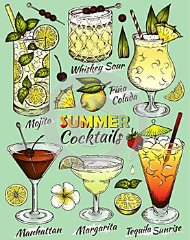 Sketch hand drawn set of colorful Summer alcohol cocktails on blue background. Bar menu.