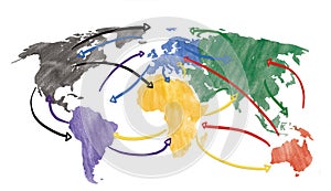 Sketch or handdrawn concept for globalization, global networking, travel or global connection or transportation with