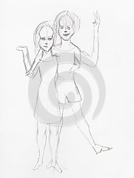Sketch of happy girls hand drawn by black pencil