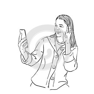 Sketch of happy woman talking video call on smartphone and waving with hand, Hand drawn vector