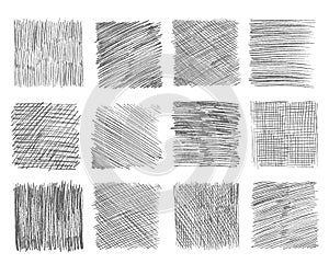 Sketch hatching. Pen doodle freehand line strokes chalk scribble black line sketch grunge handmade vector abstract