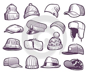 Sketch hats. Fashion mens caps design. Sports and knitted, baseball and trucker cap, seasonal headwear drawing vector