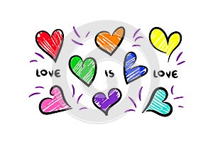 Sketch hearts, marker coloring, slogan Love Is Love