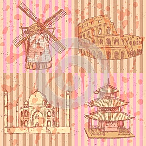 Sketch historic buildings, vector vintage background