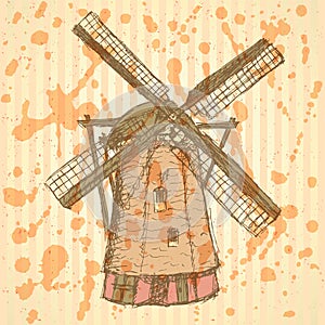 Sketch Holand windmill, vector background photo