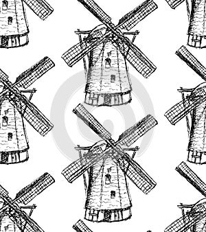 Sketch Holand windmill, vector seamless pattern