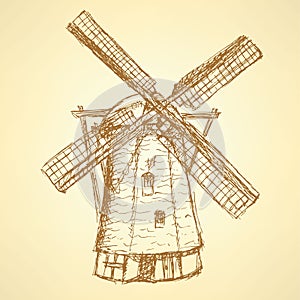 Sketch Holand windmill, vector vintage background photo