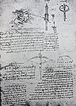 The sketch of horse, crossbow. Manuscripts of Leonardo da Vinci. Code B Folio 46 recto in the vintage book Leonardo da Vinci by A.