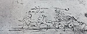 Sketch of horses. Manuscripts of Leonardo da Vinci. Code B Folio 10 recto in the vintage book Leonardo da Vinci by A.L. Volynskiy
