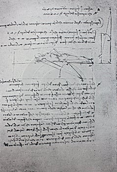 Sketch with human body. Manuscripts of Leonardo da Vinci. Code A Folio 38 recto in the vintage book Leonardo da Vinci by A.L.