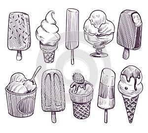 Sketch ice cream. Different bowls with ice cream, eskimo with chocolate glaze. Wafer cone sundae whipped fruit cream photo