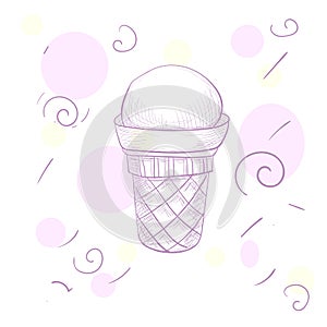 Sketch ice-cream. Sweet wafer cone, delicious and fresh summer dessert.